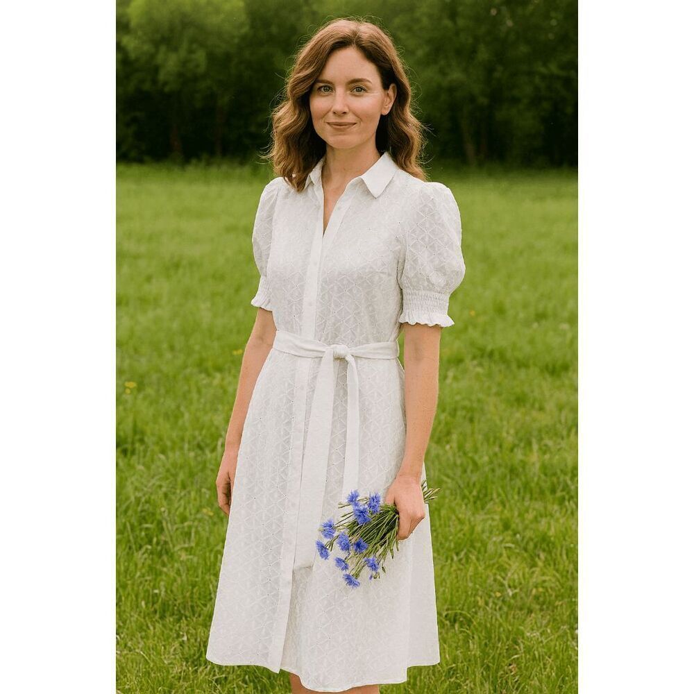 Tommy Hilfiger Women's White Puffed Sleeve Eyelet Midi Dress XS - Picture 1 of 14